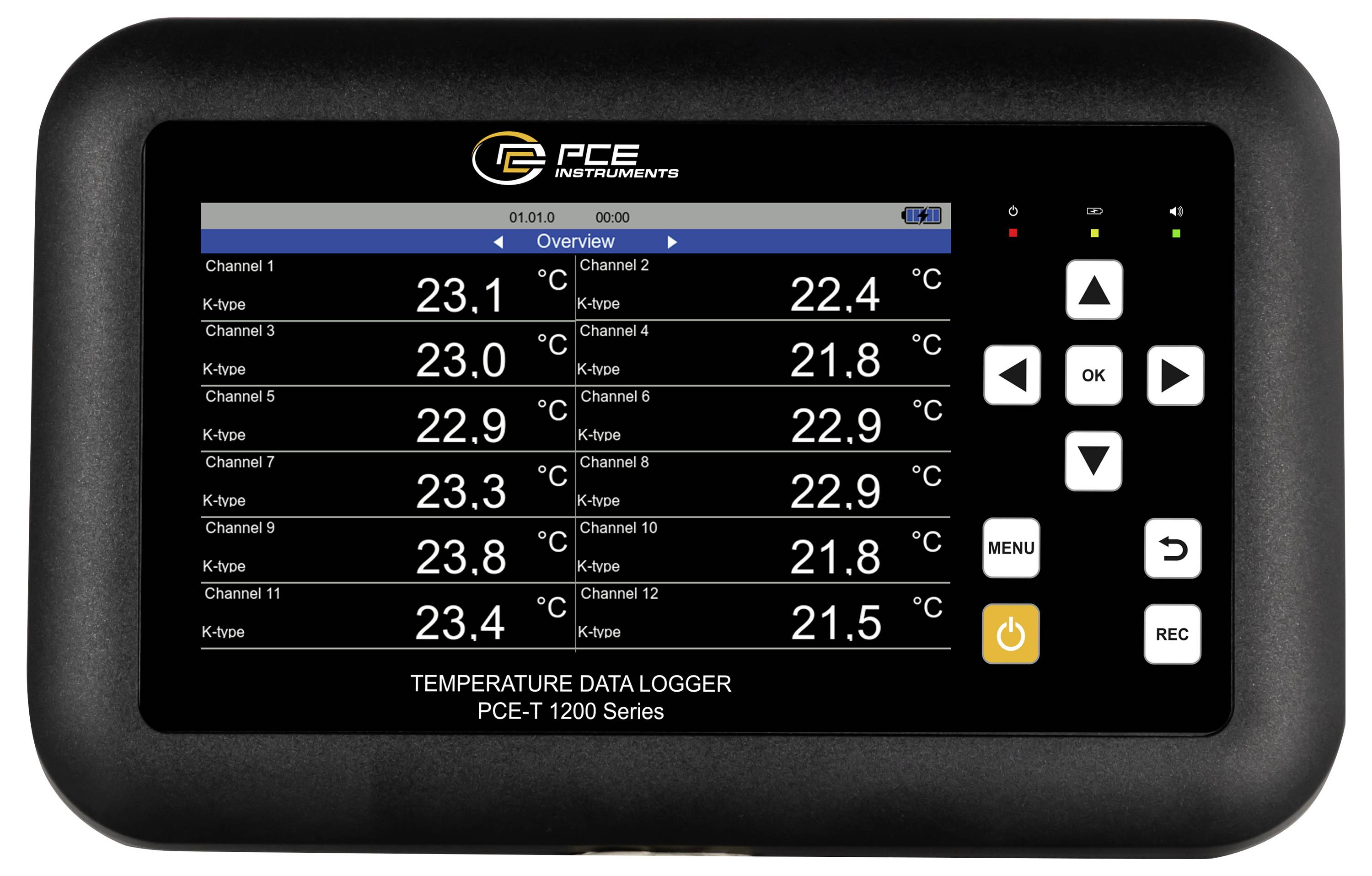 Digitales Temperatur-Datenerfassungsgerät mit „Übersicht" mit 12 K-Typ-Kanälen und Live-Messwerte zwischen 21,5 °C und 23,8 °C