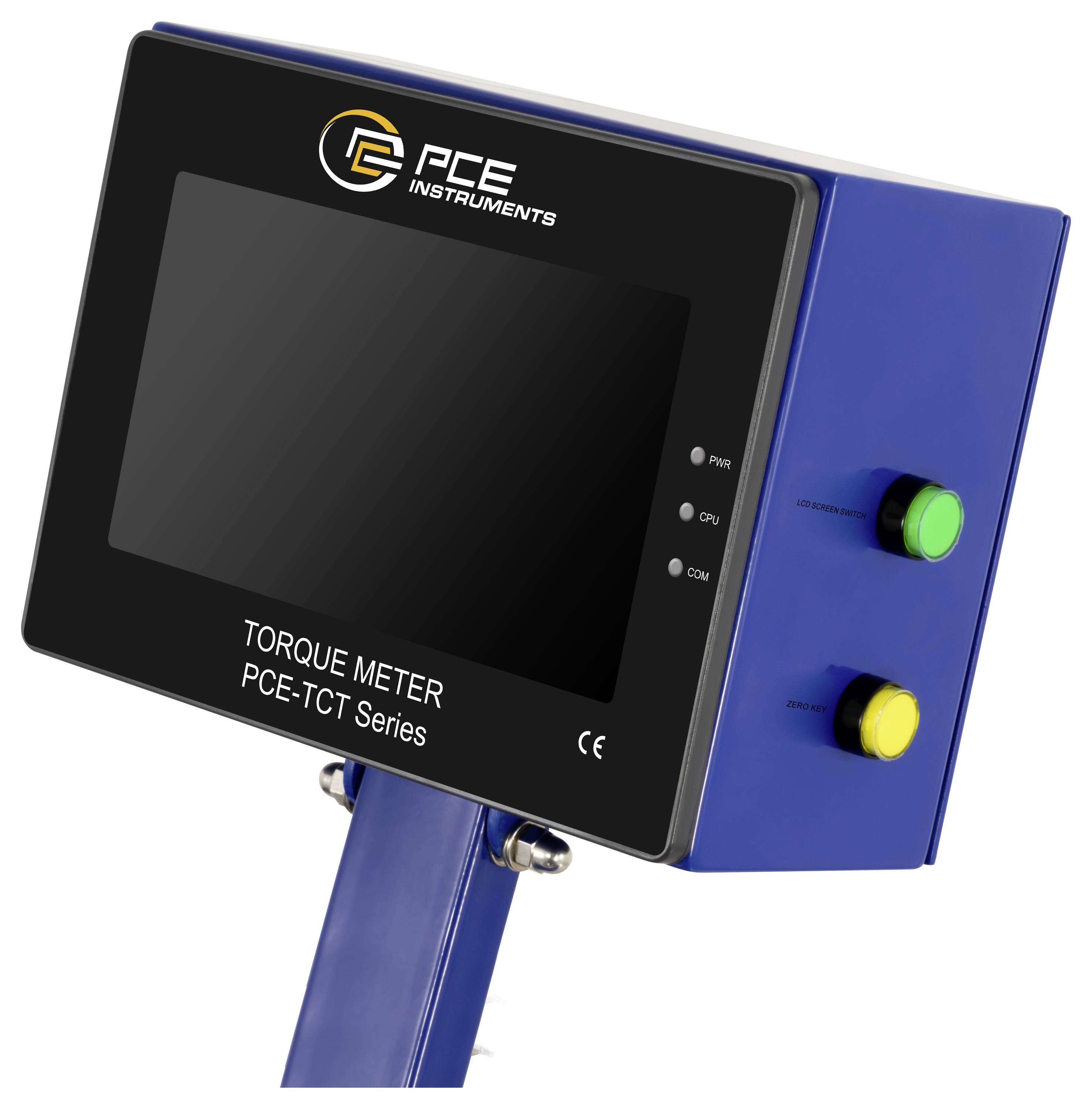 PCE Instruments Drehmomentmessgerät mit Display auf blauem Ständer, mit grünen und gelben Seitentasten und leerem Bildschirm.