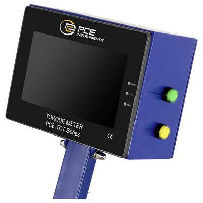 PCE Instruments Drehmomentmessgerät-Anzeigeeinheit auf einem blauen Ständer, mit grünen und gelben Steuertasten an der Seite.