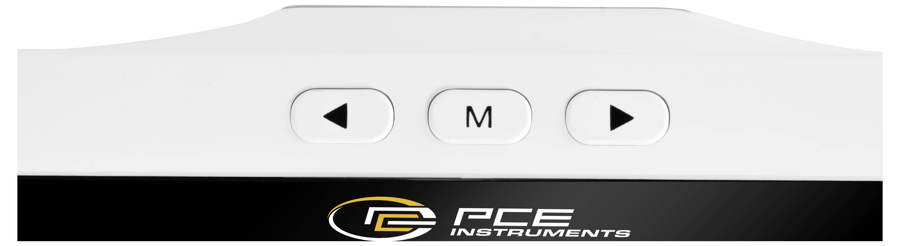 Ein einfaches Bedienfeld mit drei Schaltflächen: Pfeil nach links, M und Pfeil nach rechts über einem PCE Instruments-Logo.