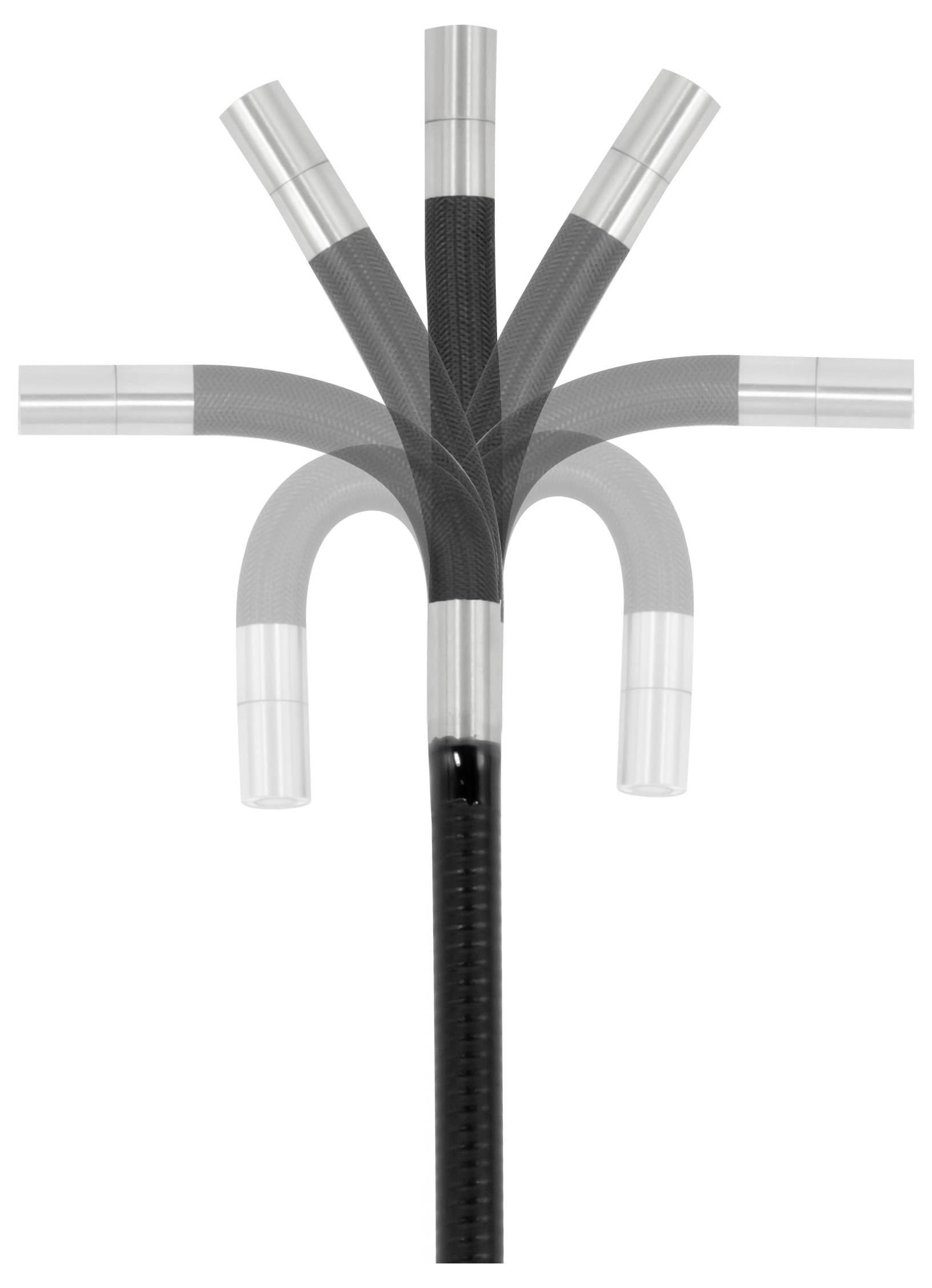 Schwarzes Kabel mit sechs durchsichtigen Enden, die sich von einem zentralen Stamm ausbreiten und einer verzweigten Buchse oder einem Kabelbaum ähneln.