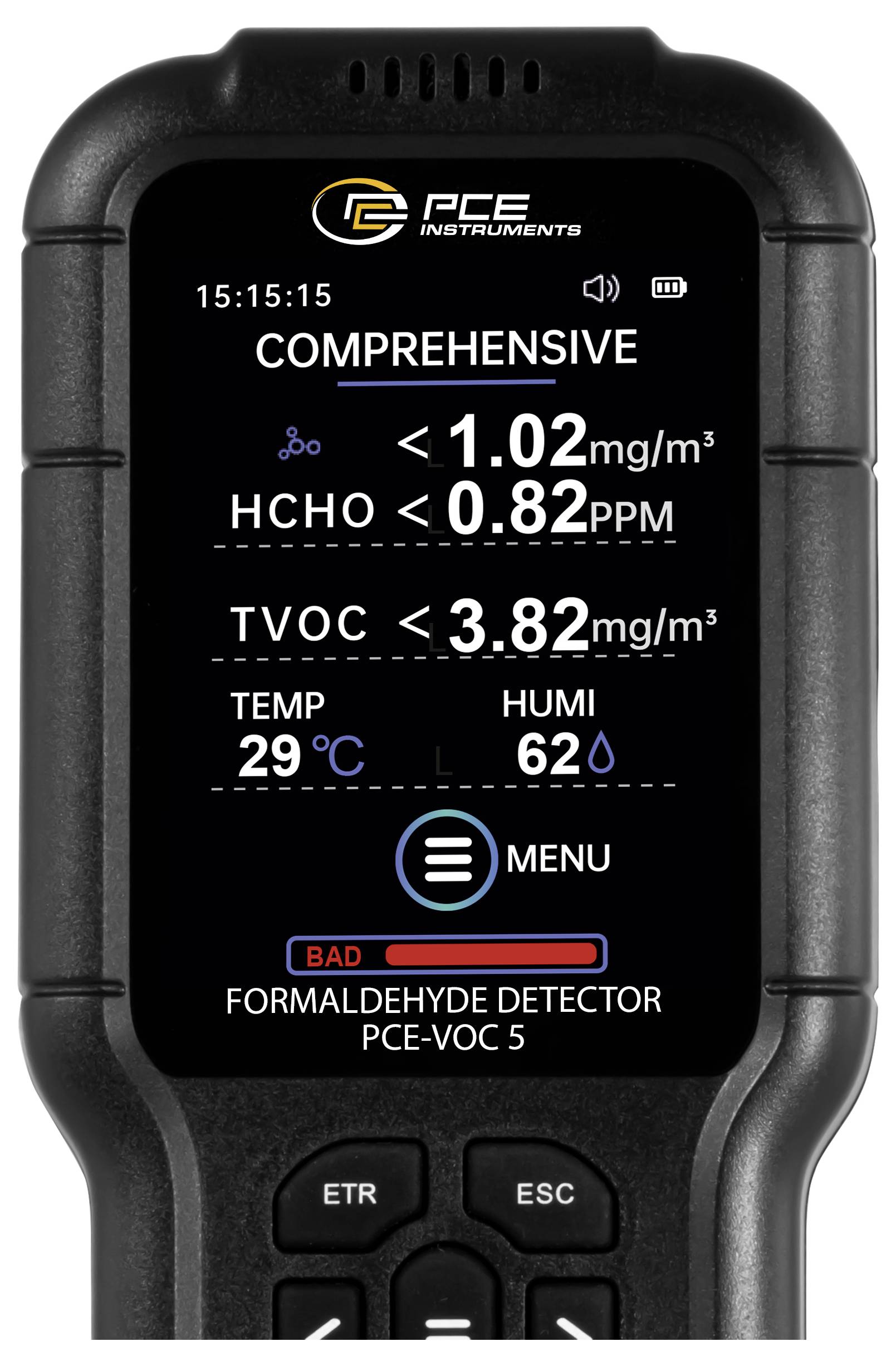 PCE Instruments Formaldehydmessgerät PCE-VOC 5 |HCHO 0 … 5 ppm / 0 … 6,25 mg/m³ |TVOC 0 … 10 mg/m³ |Temperatur 0 … 50 °C-1