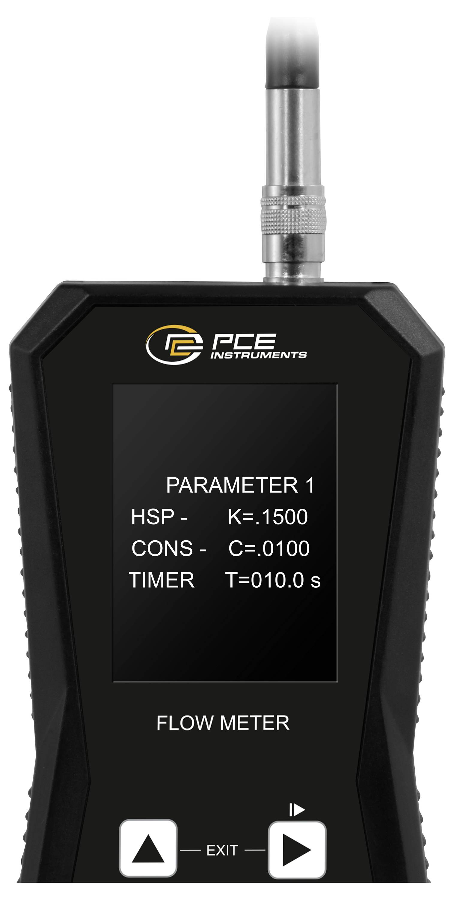 Tragbares PCE-Durchflussmessgerät mit Einstellungsbildschirm, das "PARAMETER 1", HSP, CONS und TIMER-Werte sowie Navigationsschaltflächen am unteren Rand anzeigt.