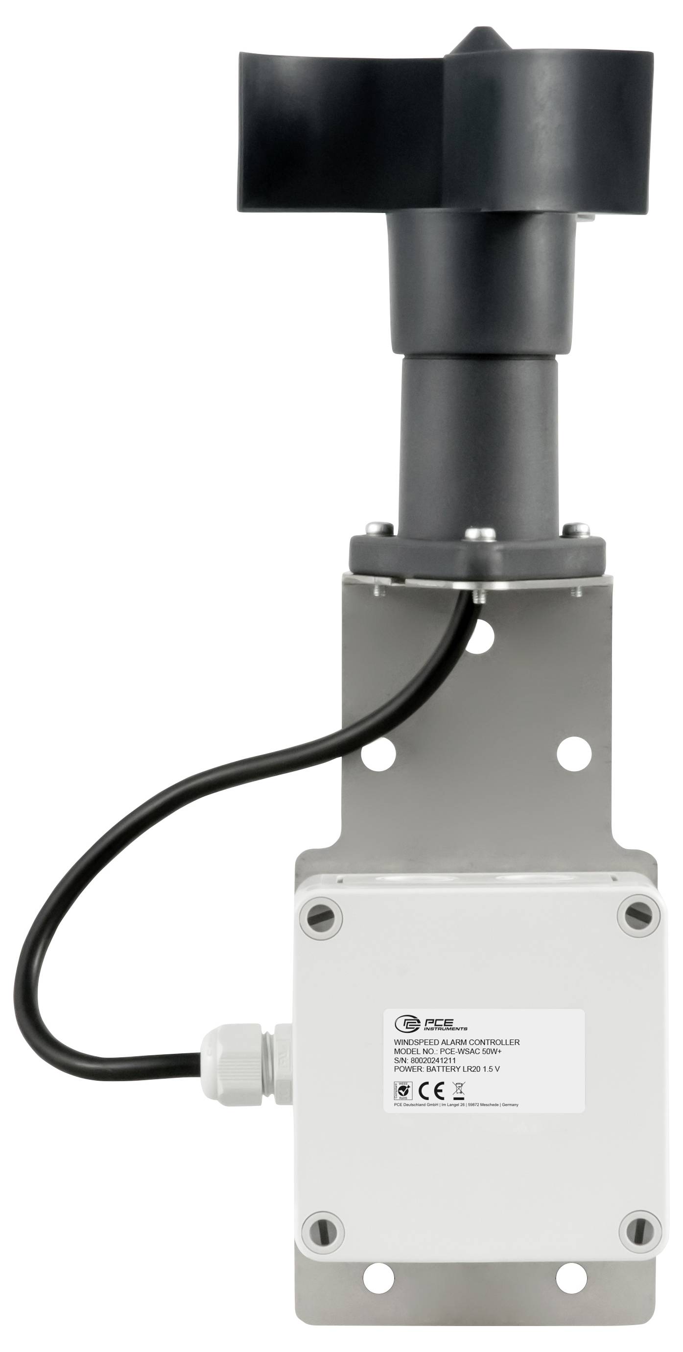 Wandmontierter Industrie-Sensor oder -Aktor mit schwarzem Oberteil, grauer Metallhalterung, angeschlossenem Kabel und weißem Steuerkasten.