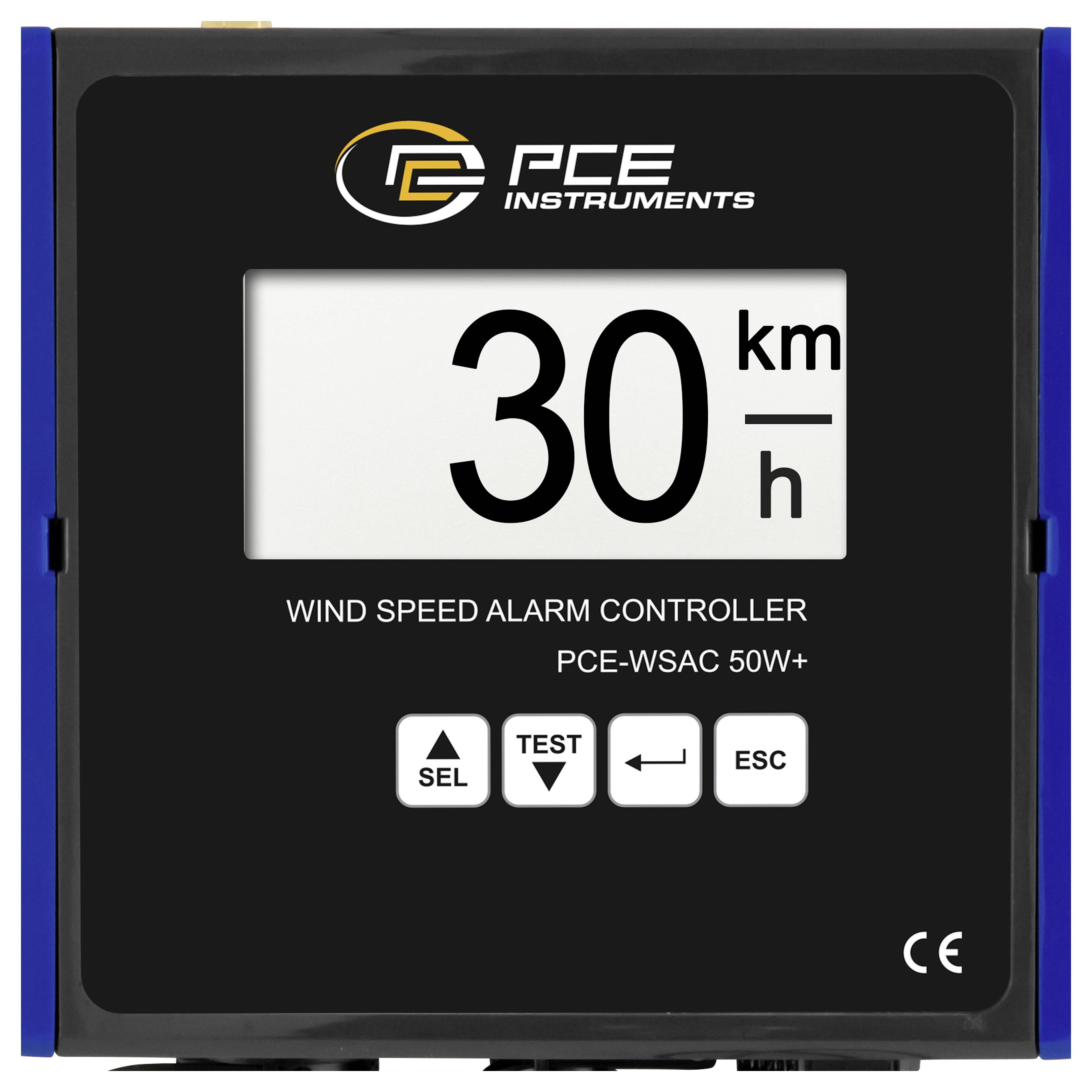 PCE Instruments Windgeschwindigkeits-Alarmalarmregler-Display zeigt „30 km/h" mit SEL-, TEST-, Zurück- und ESC-Tasten.