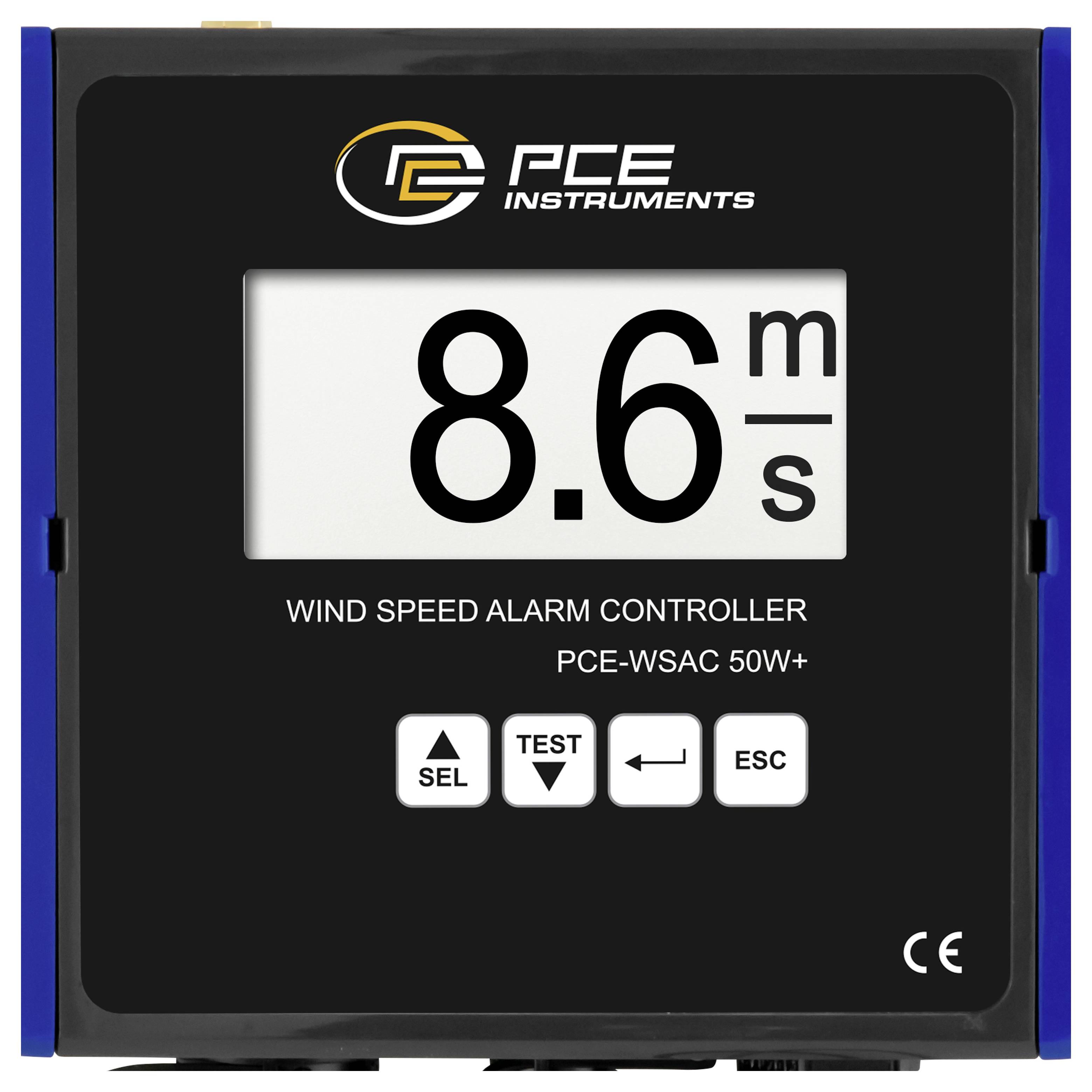 PCE Instruments Windgeschwindigkeits-Alarmregler-Display zeigt „8,6 m/s" mit Tasten für AUSWAHL, TEST, Zurück und ESC.