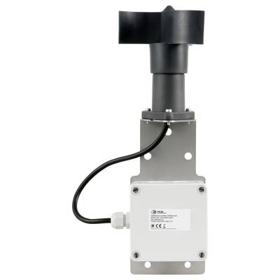 Wandmontierte elektrische Schalttafel mit angebrachtem Kabel und schwarzem Sensor- oder Lüftergehäuse oben.