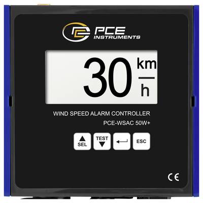 PCE Instruments Windgeschwindigkeits-Alarmregler mit großem „30 km/h"-Display, darunter befinden sich die Tasten SEL, TEST, Zurück und ESC.