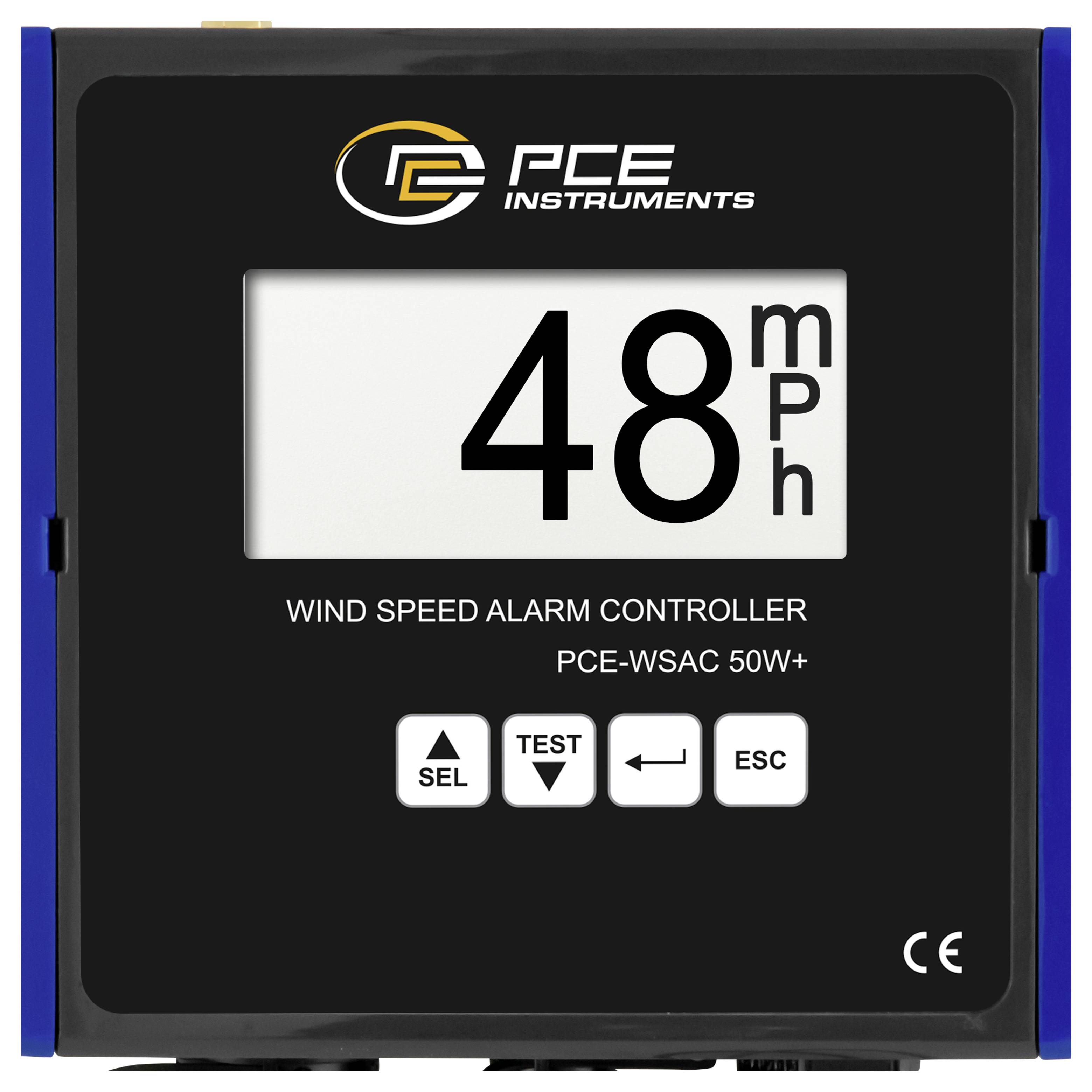 PCE Instruments Windgeschwindigkeits-Alarmregler zeigt 48 mph an, mit SEL-, TEST-, Zurück- und ESC-Tasten auf der Frontplatte.