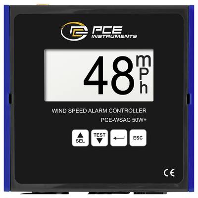 PCE Instruments Windgeschwindigkeits-Alarmregler zeigt 48 mph an, mit SEL-, TEST-, Zurück- und ESC-Tasten auf der Frontplatte.