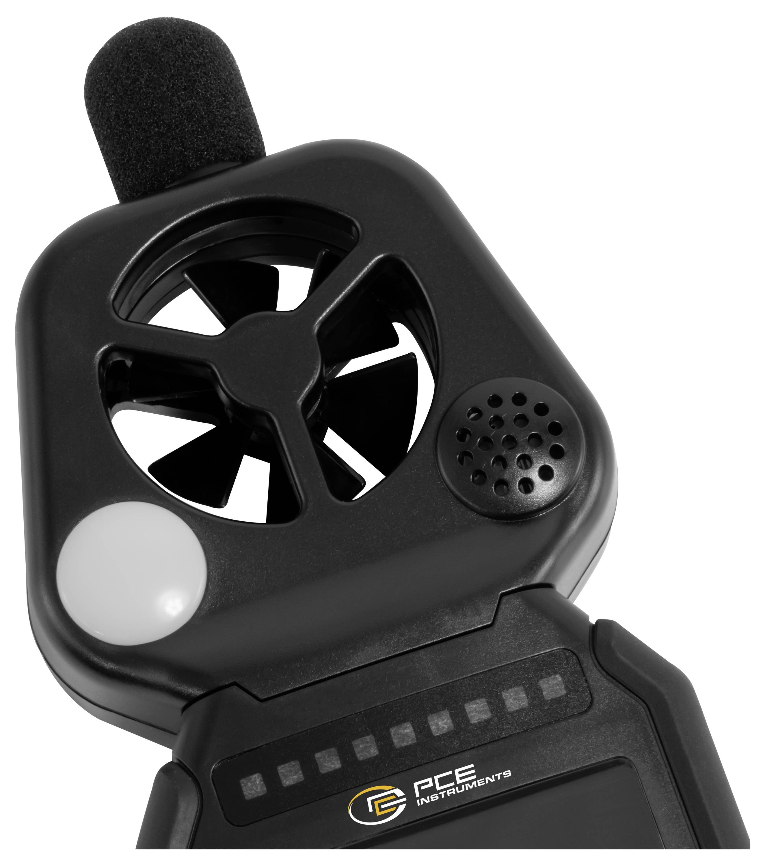 Schwarzes tragbares PCE Instruments Luftgeschwindigkeitsmessgerät mit Schaumstoff-Windsensor, Lüfteröffnung und Anzeigefeld.