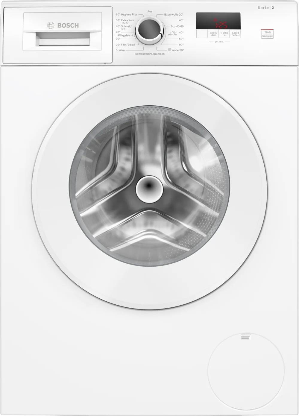 Frontansicht einer weißen Bosch Serie 2 Waschmaschine mit einer runden Glastür und einem Bedienfeld mit Einstellungen und digitaler Anzeige.