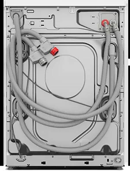 Rückansicht einer Waschmaschine mit Wasserzuleitungsschläuchen, Ablaufschlauch und elektrischen Anschlüssen.