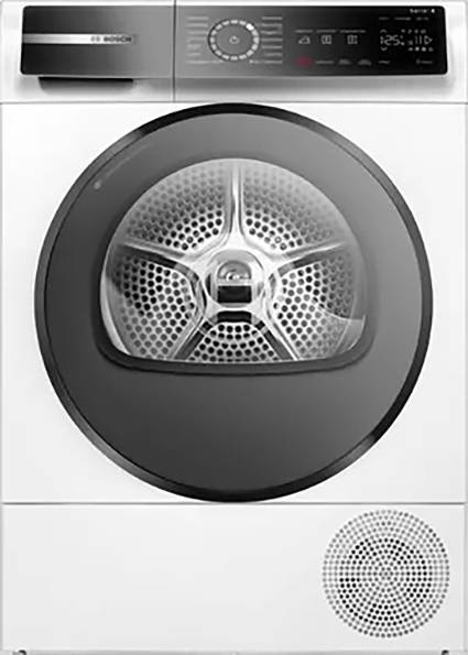 Eine Frontlader-Waschmaschine mit sichtbarem Bedienfeld und transparenter Tür, die die Metalltrommel im Inneren zeigt.