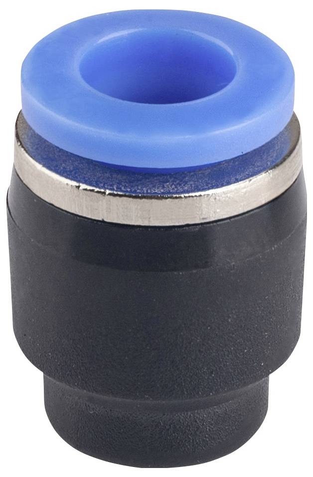 Nahaufnahme einer schwarzen Druckverbinder-Rohrarmatur mit blauem Entriegelungsbund auf weißem Hintergrund.