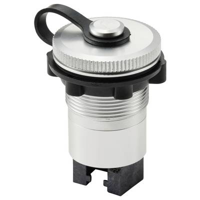 Ein metallischer Druckschalter mit Schutzkappe, zylindrischer Form, Gewinde an der Basis und schwarzen Kunststoffkomponenten.