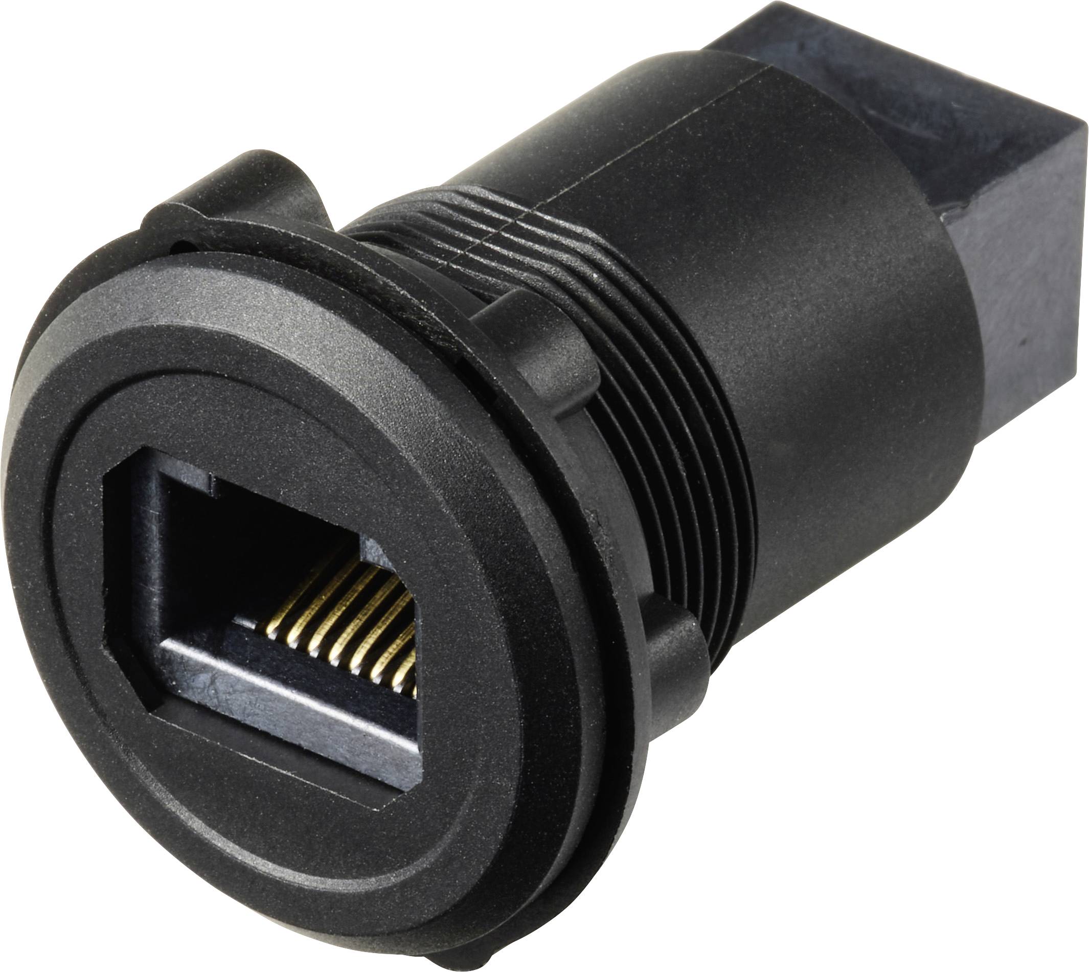 Ein schwarzer, montagebarer RJ45-Kupplung mit weiblichem Anschluss, verwendet für Ethernet-Kabelverbindungen, in einer Schrägansicht.