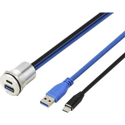 Ein USB-Typ-A zu USB-Typ-C Kabel mit einem blauen Stecker und einem schwarzen Kabel, zusammen mit einer runden Metall-Einbausteckdose für USB.