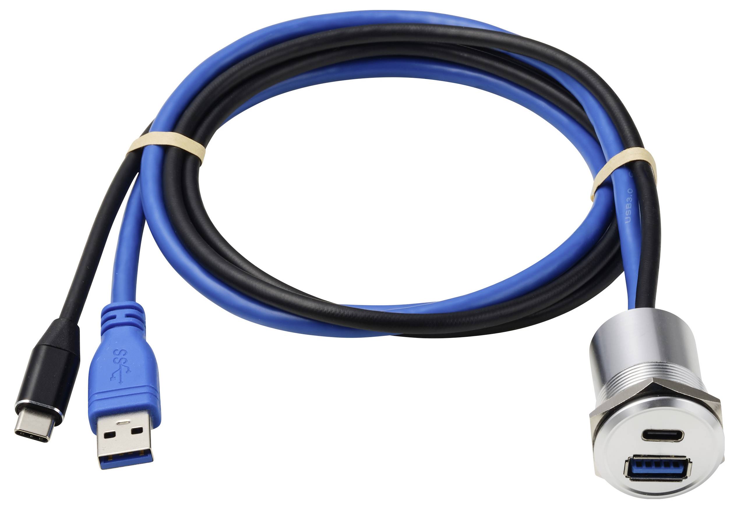 Ein blau-schwarzes USB-Verlängerungskabel mit USB-C- und USB-A-Steckern und einem silbernen Gehäuse zur Panelmontage an einem Ende.