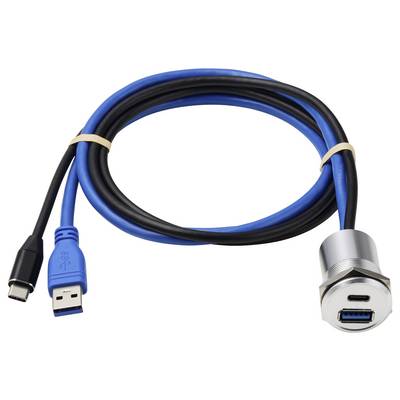 Ein blau-schwarzes USB-Verlängerungskabel mit USB-C- und USB-A-Steckern und einem silbernen Gehäuse zur Panelmontage an einem Ende.
