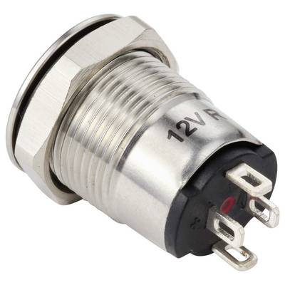 Ein metallischer Druckknopfschalter mit der Bezeichnung „12V", der zwei Befestigungsmuttern und drei Anschllusspins für elektrische Verbindungen zeigt.