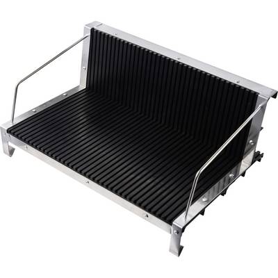 Edelstahlarbeitsplattengrill oder Grill mit schwarzer gerillter Kochfläche und Metallseitengriffen, gezeigt auf weißem Hintergrund.