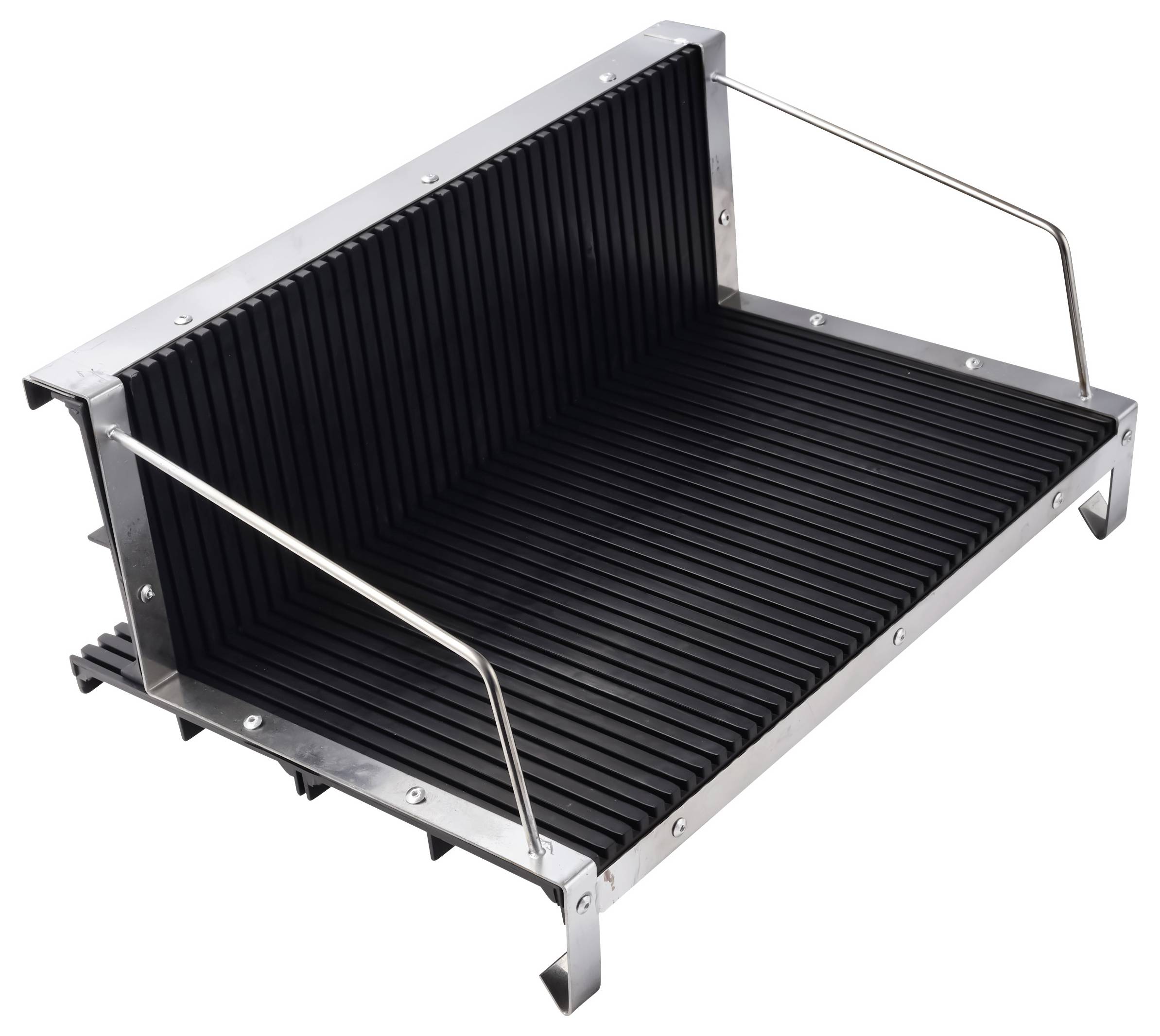 Schwarzer gerippter Grill oder Kochblech mit Metallrahmen und Drahtgriffen, gezeigt auf weißem Hintergrund.