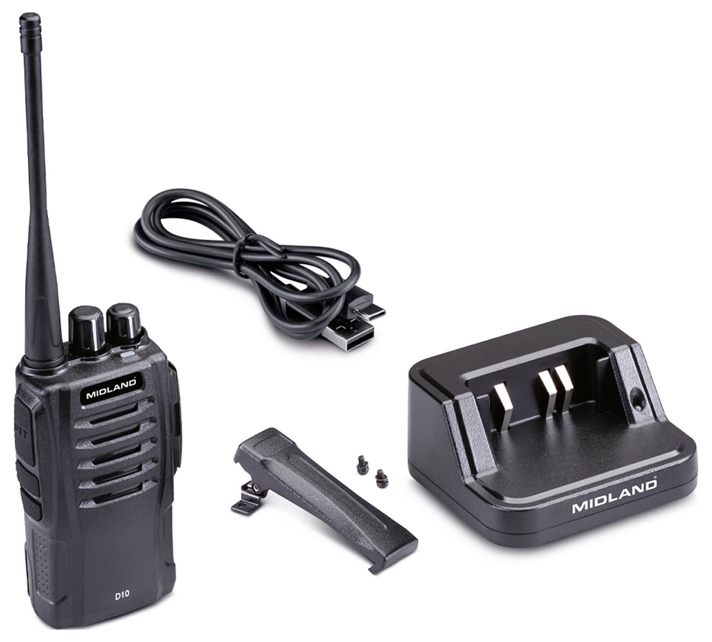 "Midland" Funkgerät mit Antenne, neben einer Ladestation, USB-Kabel und Gürtelclip, angeordnet auf weißem Hintergrund.