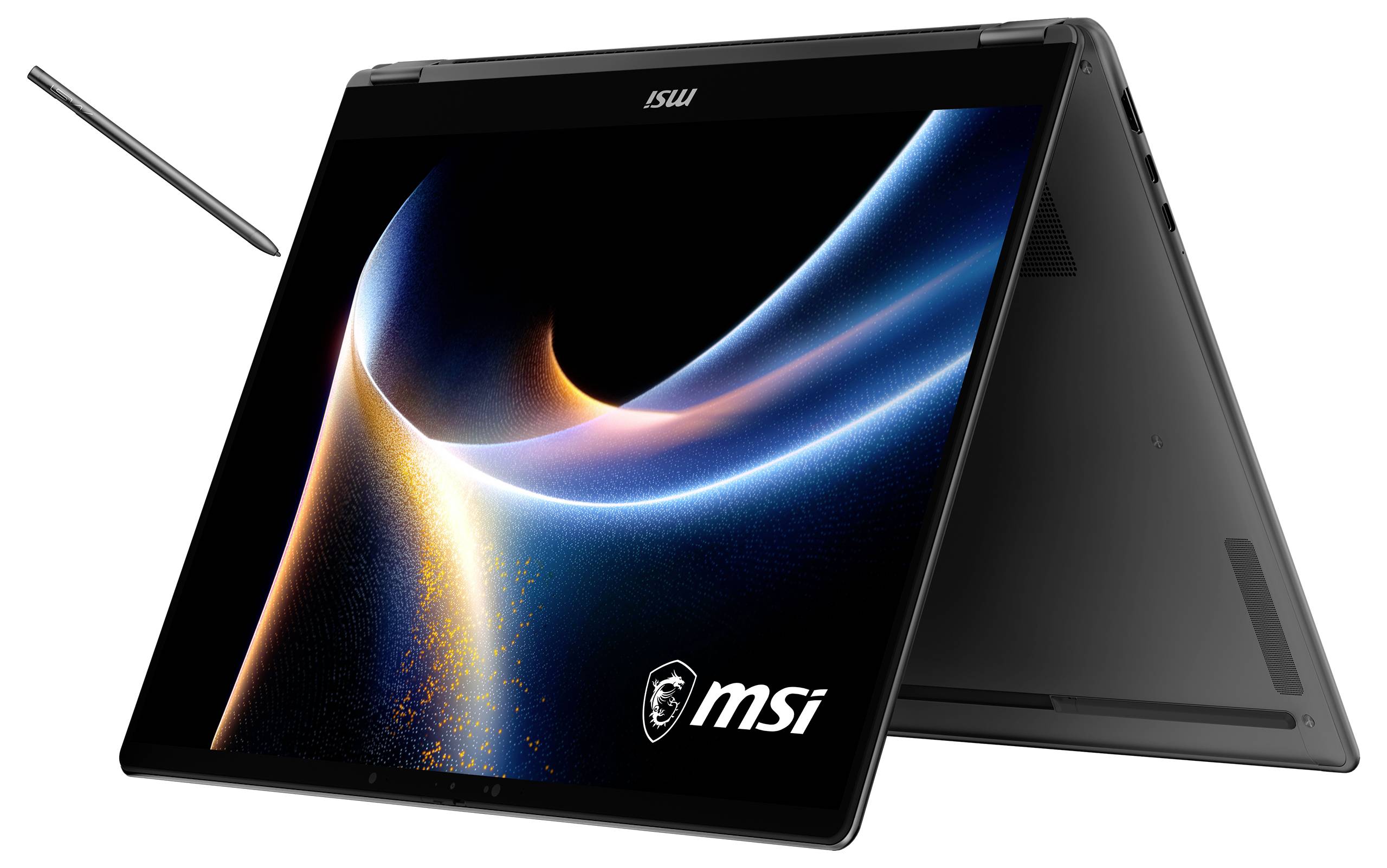 Ein schwarzer MSI-Laptop im Zeltmodus mit einem Stylus. Sein Bildschirm zeigt ein lebendiges, abstraktes digitales Kunstwerk mit Wirbeln aus Blau und Orange.