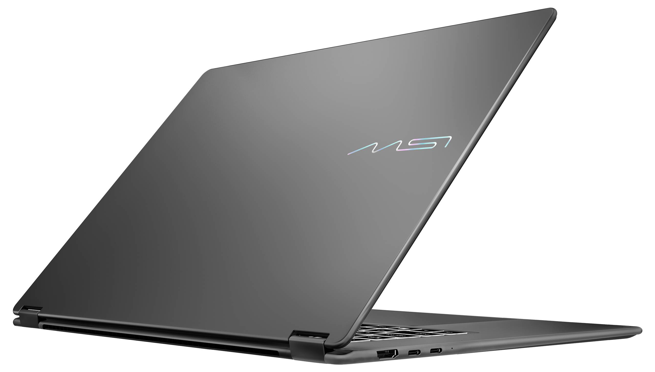 Ein dünner, offener Laptop aus einem hinteren Blickwinkel betrachtet, der ein elegantes, minimalistisches Design mit einem leuchtenden Logo auf dem Deckel zeigt.