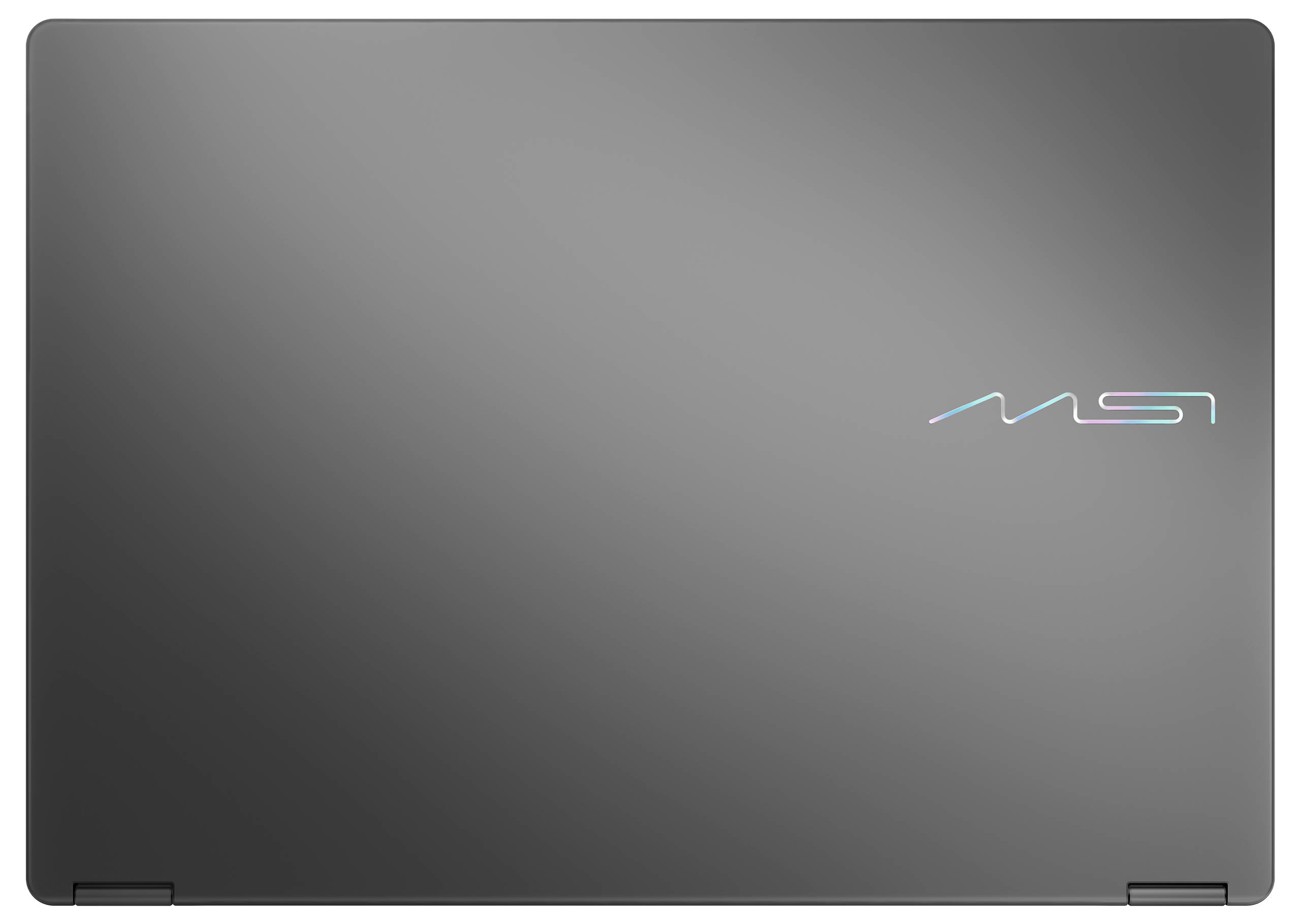 Geschlossener Laptop mit metallischer Oberfläche und leuchtendem "MSI"-Logo in der oberen rechten Ecke.