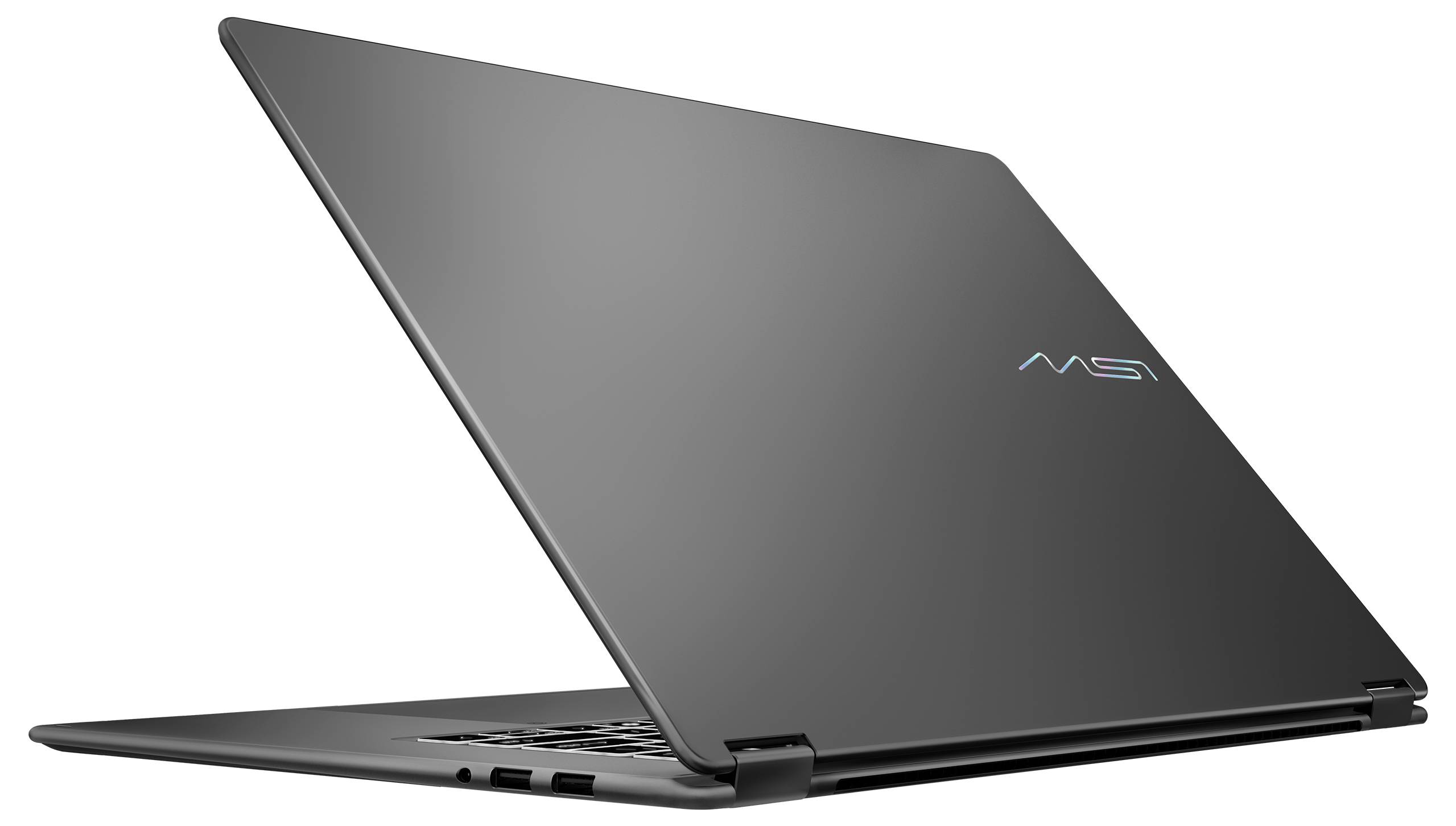 Ein schlanker, dünner Laptop, teilweise geöffnet, zeigt die Rückseite mit minimalista Design und einem Logo, in einer neutralen Umgebung platziert.