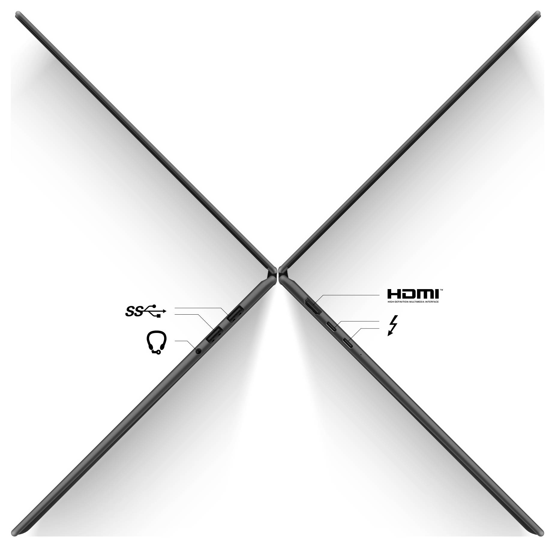 Zwei Laptops in einer symmetrischen, Rücken-an-Rücken-Position, die Anschlüsse wie USB, HDMI und Audiobuchse mit Verbindungssymbolen zeigen.