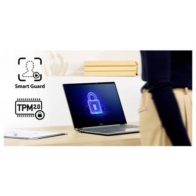 Ein Laptop auf einem Schreibtisch zeigt ein digitales Schloss auf seinem Bildschirm, das Sicherheit symbolisiert. Auf der linken Seite befinden sich Symbole mit den Bezeichnungen „Smart Guard" und „TPM 2.0".