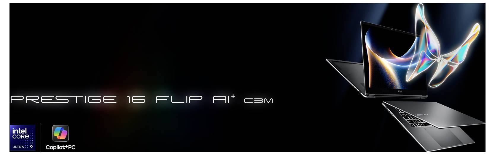 Ein Laptop mit lebendigen Lichtspuren, mit dem Titel „Prestige 16 Flip Ai*" auf dunklem Hintergrund, mit Intel Core Ultra und „Colorful PC"-Logos.