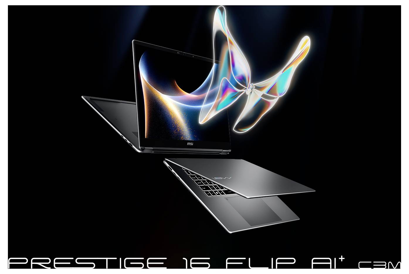 Ein eleganter Laptop-Computer mit leuchtender Anzeige, der lebendige Lichtspuren zeigt, die die Form eines Schmetterlings darüber bilden.