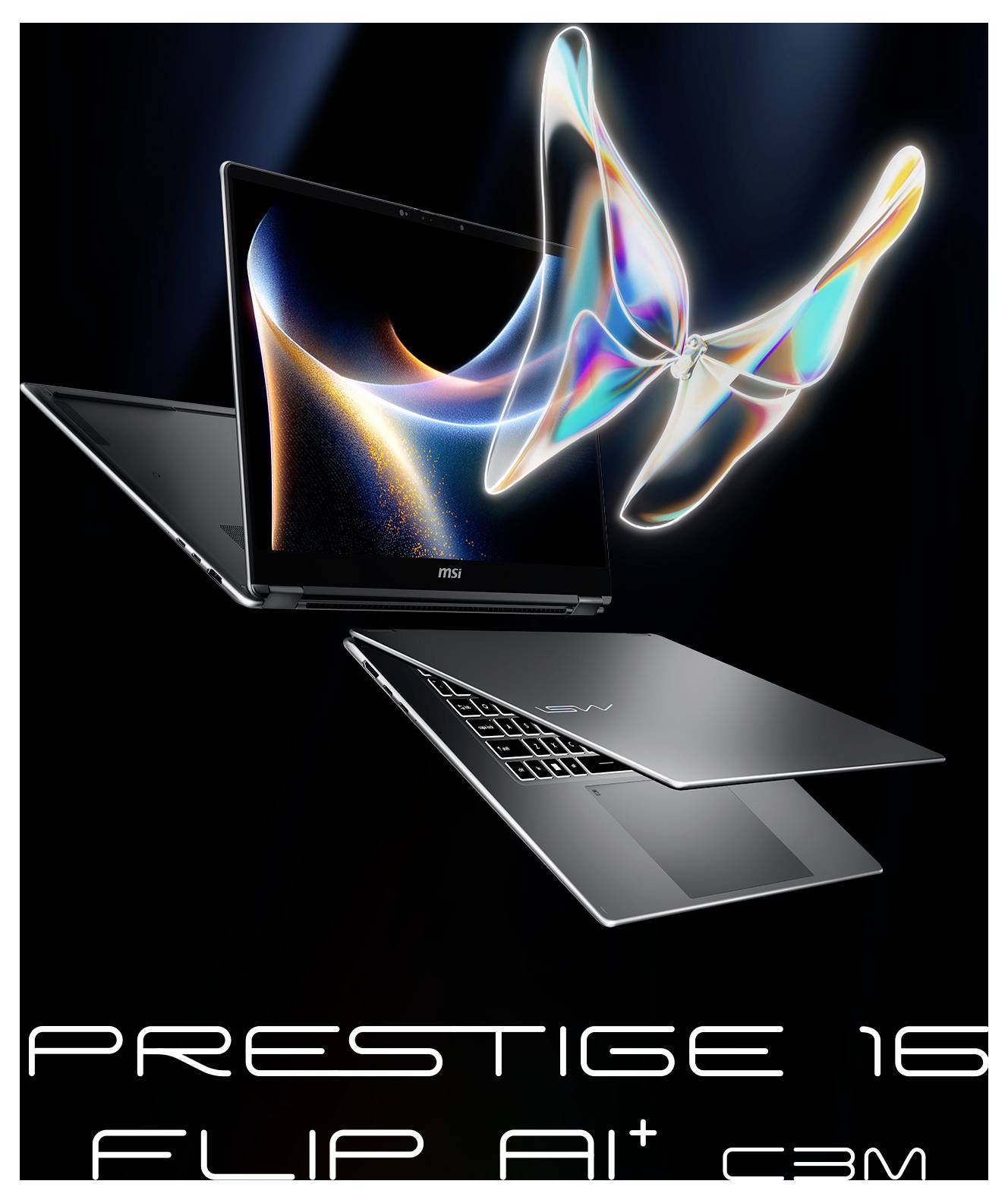 Drei Laptops schweeben vor einem farbenfrohen, abstrakten Schmetterling auf schwarzem Hintergrund. Der Text darunter lautet „Prestige 16 Flip A13M".