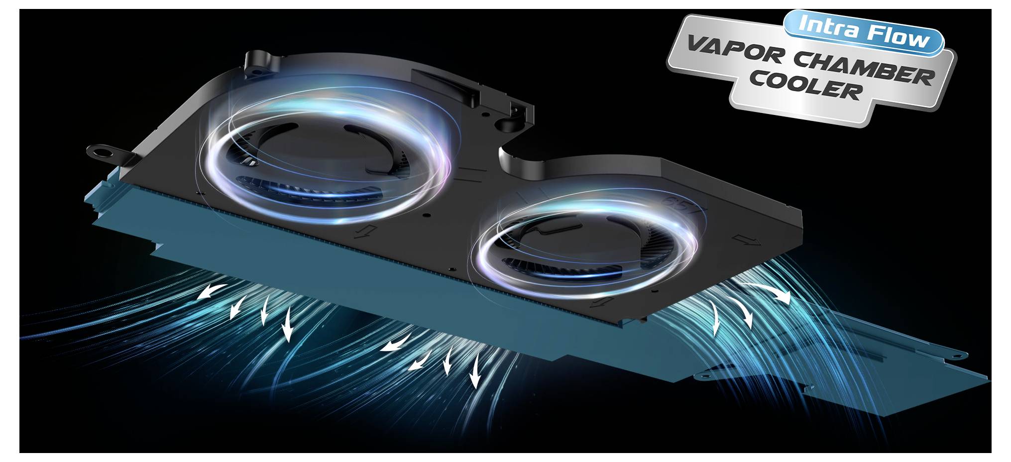Ein Computerkühllungssystem mit doppelten Lüftern und dargestelltem Luftstrom; enthält die Beschriftung „Intra Flow VAPOR CHAMBER COOLER" in der Ecke.