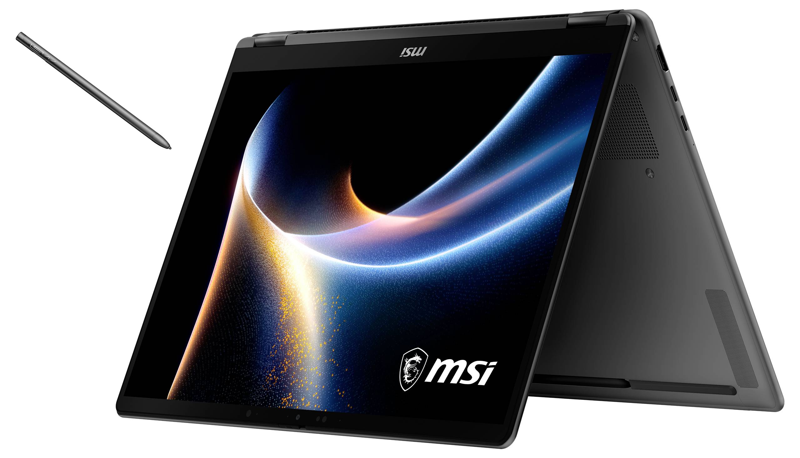 Konvertibles Laptop im Zeltmodus mit abstraktem blauem und orangefarbenem Grafikdesign. Ein Stylus schwebt in der Nähe. MSI-Logo in der Ecke.