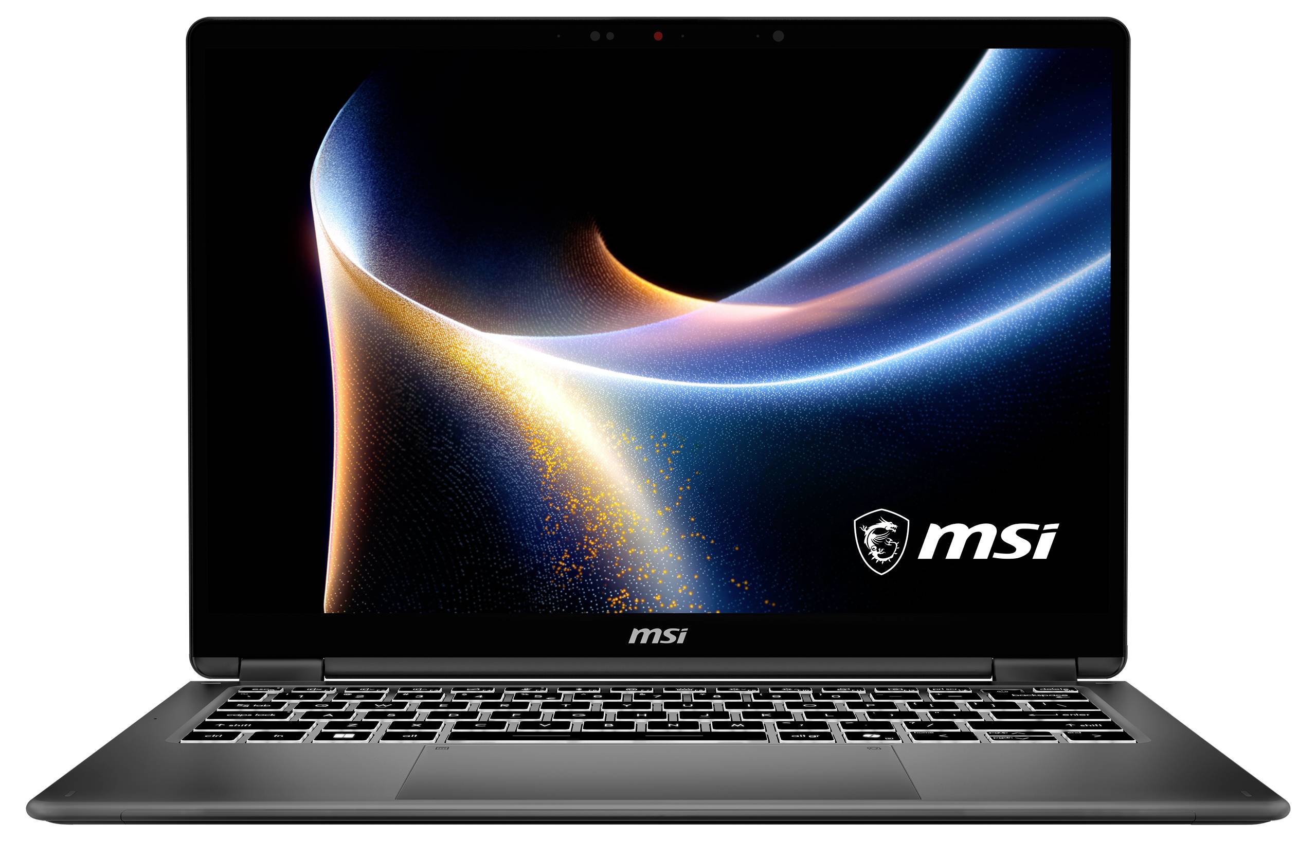 MSI-Laptop zeigt ein abstraktes, farbenfrohes Wellendesign auf dem Bildschirm. Tastatur und Logo sind unter dem Display sichtbar.