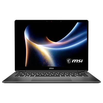 MSI-Laptop zeigt ein abstraktes, farbenfrohes Wellendesign auf dem Bildschirm. Tastatur und Logo sind unter dem Display sichtbar.