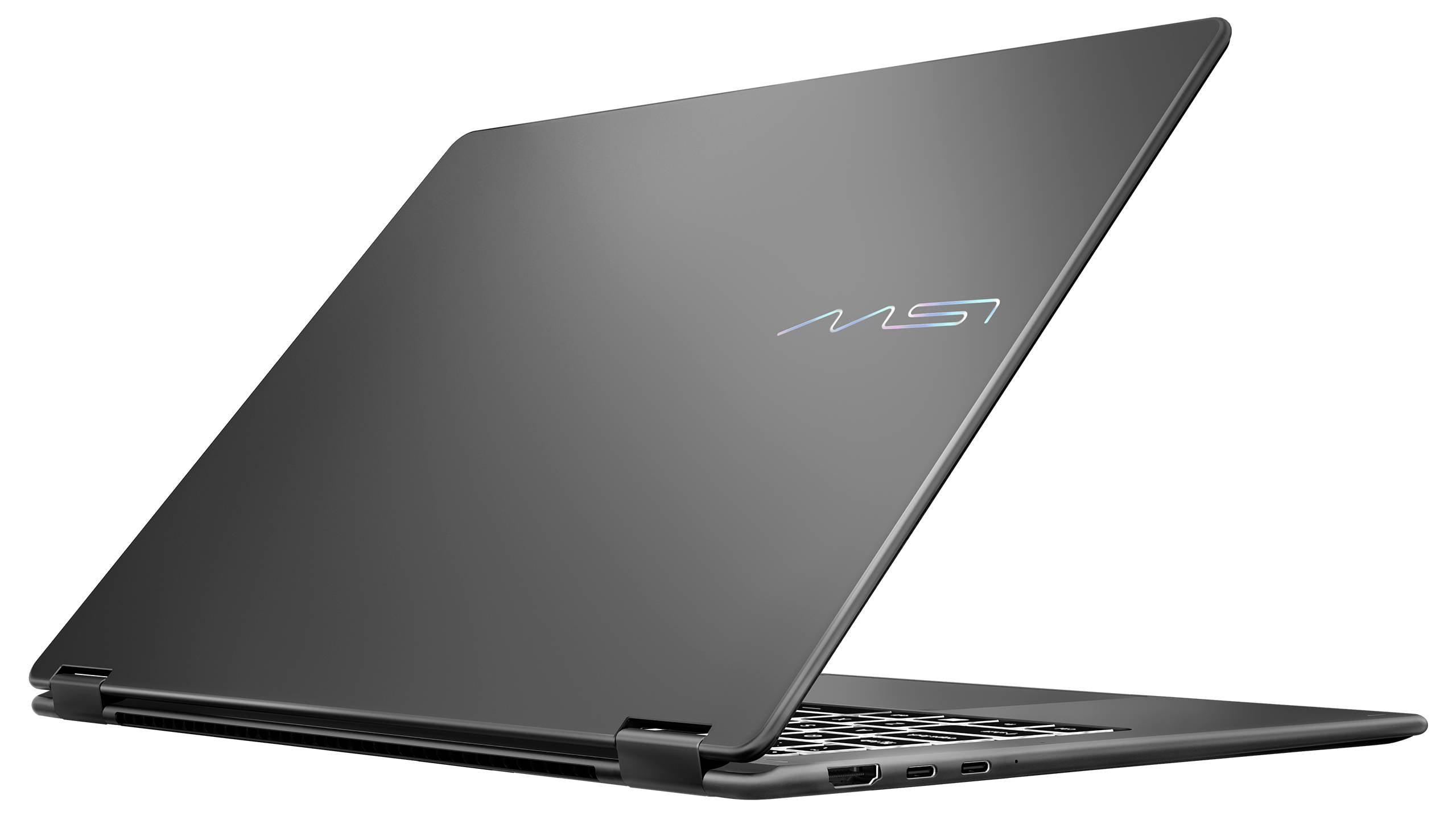 Ein schlanker, geschlossener schwarzer Laptop mit einem reflektierenden „MSI"-Logo auf dem Deckel, in leicht geöffneter Position, aus einem seitlichen Winkel gezeigt.