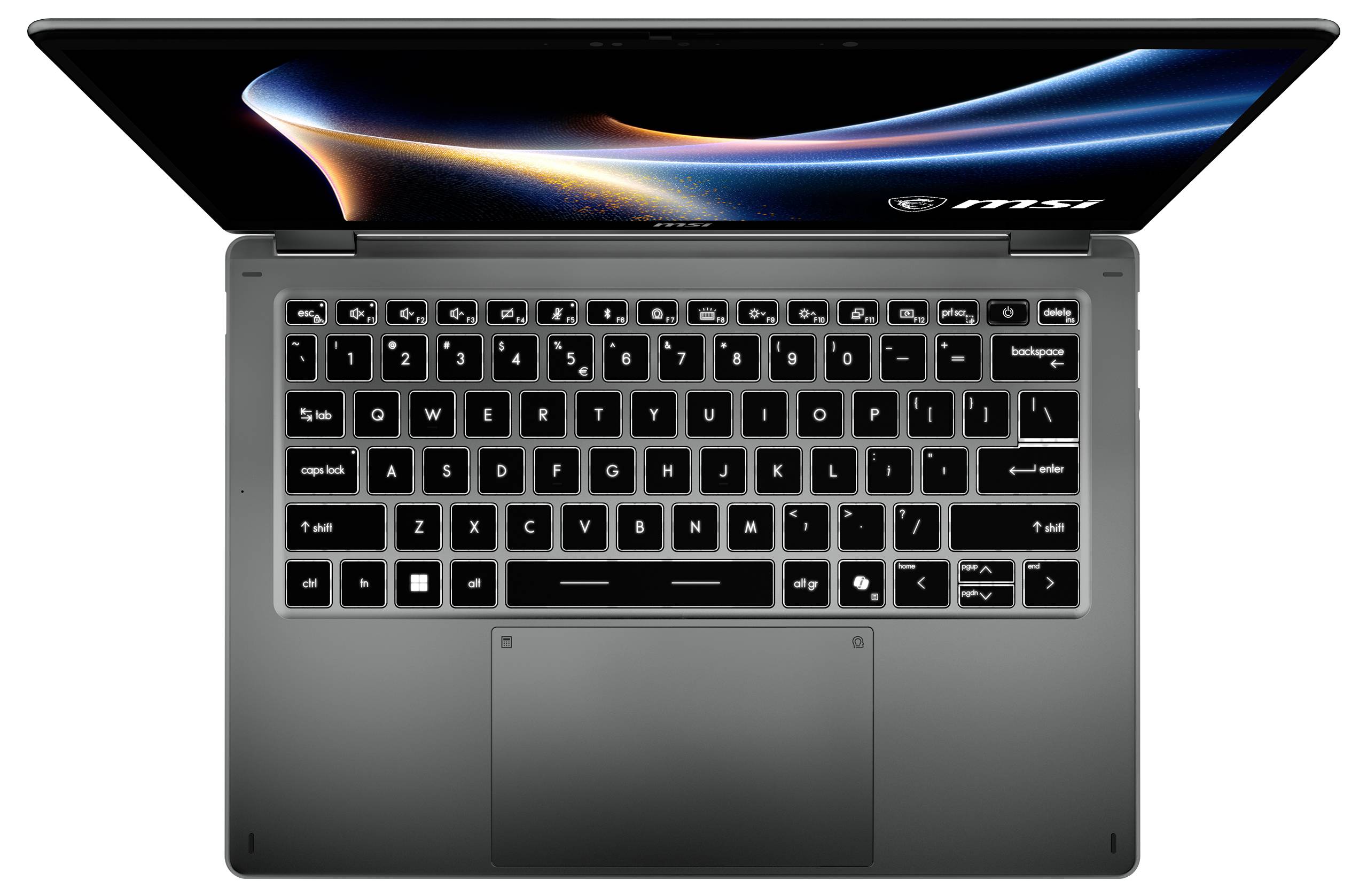 Ein Laptop mit schlankem Design, mit einer hintergrundbeleuchteten Tastatur. Der Bildschirm zeigt ein dynamisches, farbenfrohen Wellenmuster.