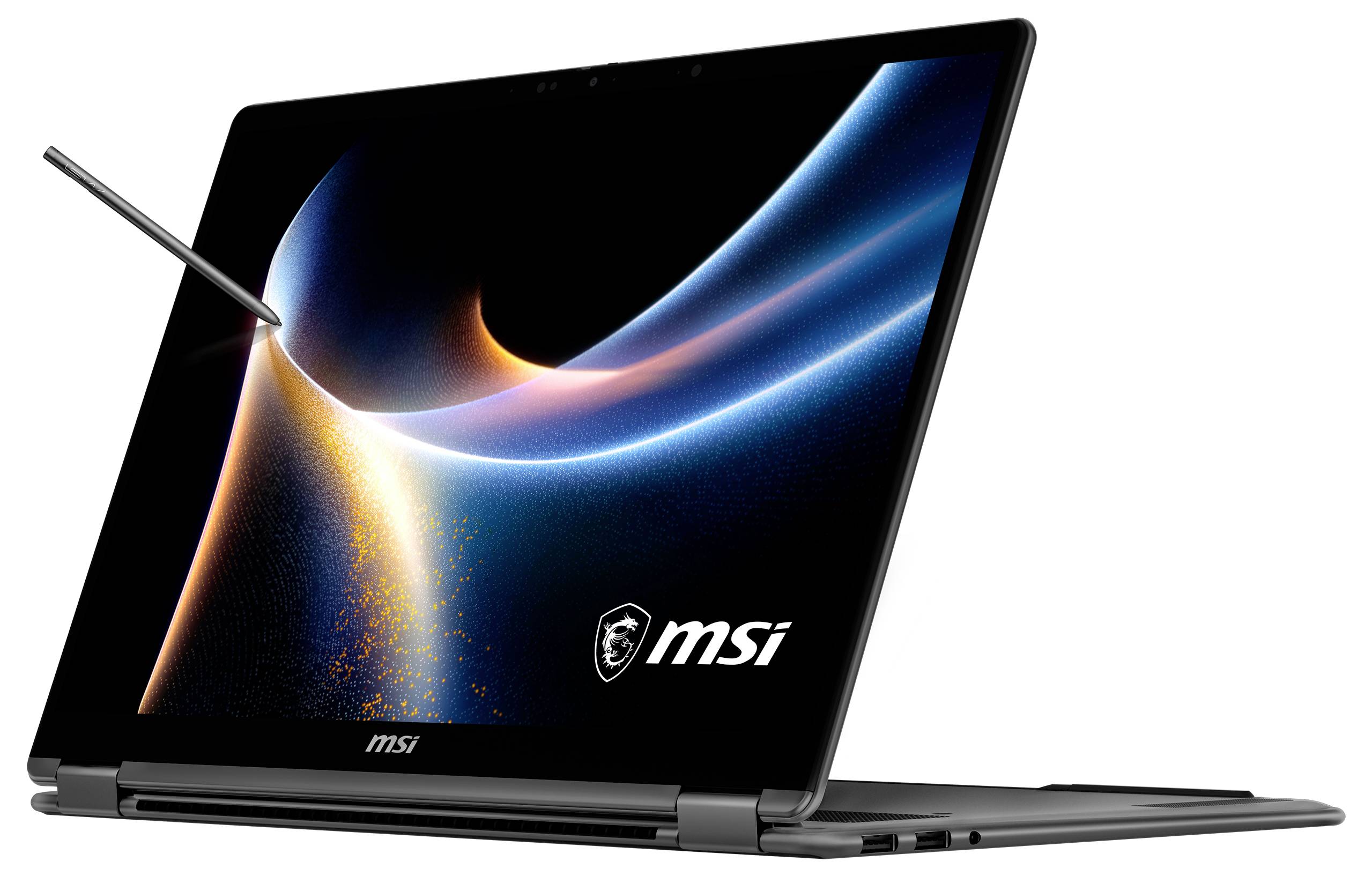 Ein konvertierbarer Laptop im Tablet-Modus mit „MSI"-Branding auf dem Bildschirm, der ein lebendiges digitales Wirbel-Design zeigt, und ein Stift in Gebrauch.