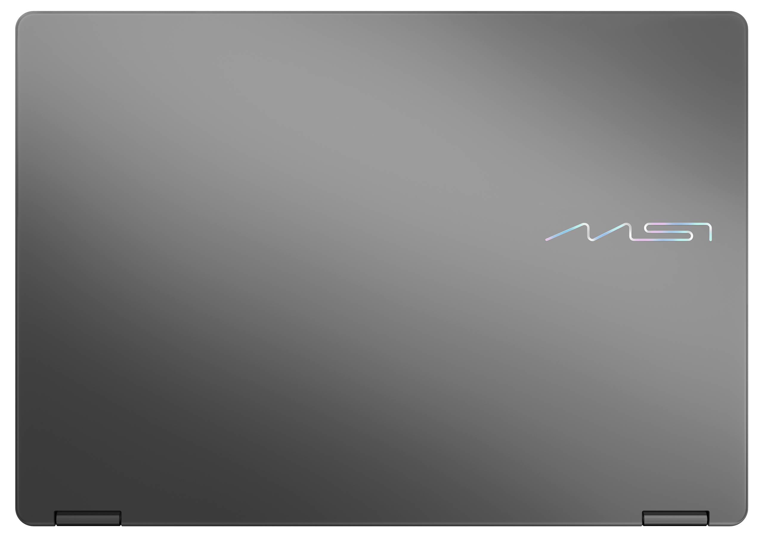 „Eleganter silberner Laptop-Deckel mit subtlem MSI-Logo in der Mitte, das ein modernes, minimalistisches Design zur Schau stellt."