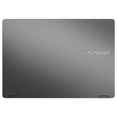 „Eleganter silberner Laptop-Deckel mit subtlem MSI-Logo in der Mitte, das ein modernes, minimalistisches Design zur Schau stellt."