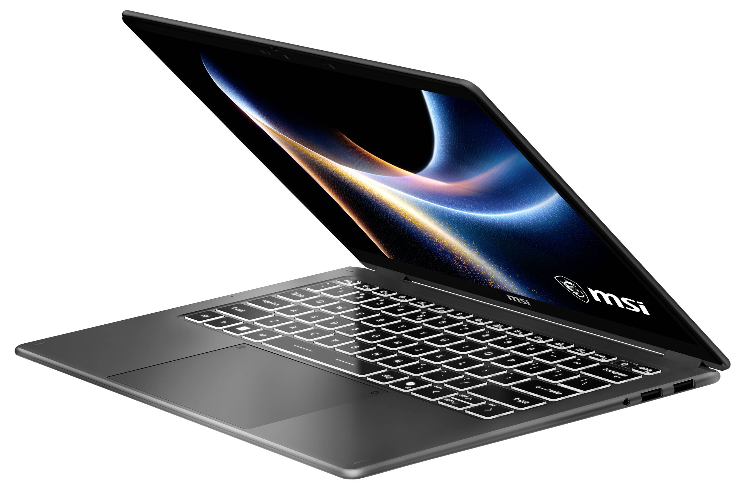 Ein schlanker, offener Laptop mit beleuchtetem Keyboard, auf dem ein abstrakter blauer und oranger Wirbel auf dem Bildschirm angezeigt wird. Das Markenlogo ist sichtbar.