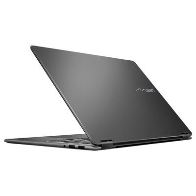 Ein eleganter, schwarzer Laptop, der teilweise geöffnet ist und seine Rückseite mit einem dezenten Logo zeigt. Das Design ist modern und minimalistisch.