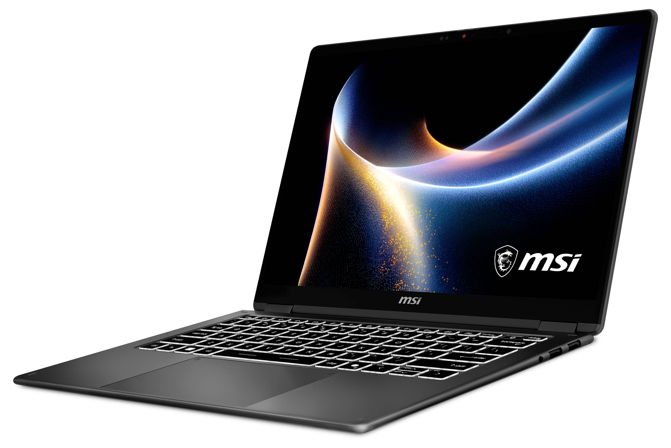 Ein eleganter MSI-Laptop auf weißem Hintergrund, auf dessen Bildschirm ein dynamisches abstraktes Design angezeigt wird, das sein modernes und stilvolles Aussehen unterstreicht.