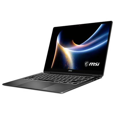 Ein eleganter MSI-Laptop auf weißem Hintergrund, auf dessen Bildschirm ein dynamisches abstraktes Design angezeigt wird, das sein modernes und stilvolles Aussehen unterstreicht.
